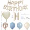 Happy Birthday Balloon Banner Cream Blue, 16 Inch Beige Mylar Letters Heart Foil Dusty Slate Blue White Sand Metallic Champagne Gold Balloons Boho Neutral Birthday Decorations for Girls Women Boy Men