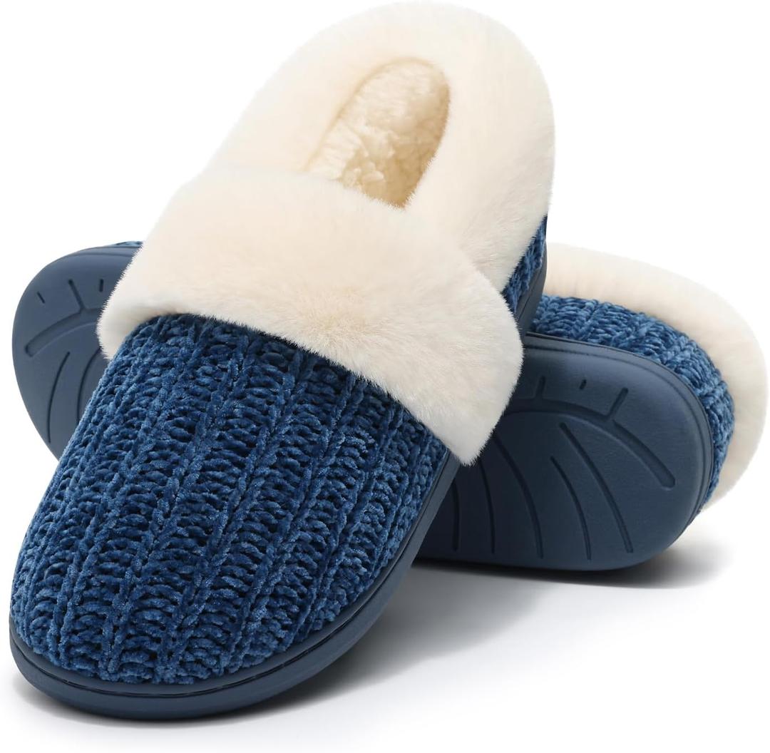 Evshine Women's Fuzzy Memory Foam Slippers, Closed Back Knit Bedroom Slippers, Slip-On Warm House Shoes for Indoor & Outdoor Comfort (8-8.5, Navy)