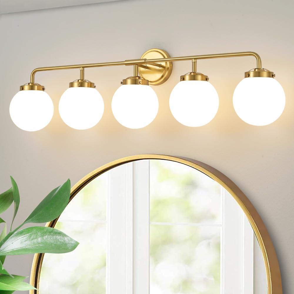 Bathroom Light Fixtures Gold Vanity Lights Over Mirror, Modern Wall Sconce Lighting 5-Light with White Glass Globe Shade