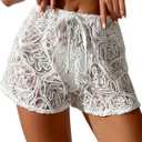 YELAIVP Women's Cover Up Shorts Hollow Out High Waist Bikini Bottoms Drawstring Beach Coverups Bathing Suit Swimsuit Bottom (White, M)