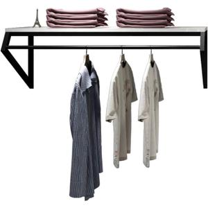 Modern Simple Men's and Women's Clothing Store Heavy Duty Metal Display Stand,Wall-Mounted Garment Rack with Wood,Clothes Rail,Bathroom Hanging Towel Rack (Black Square Tube, B-59" L)