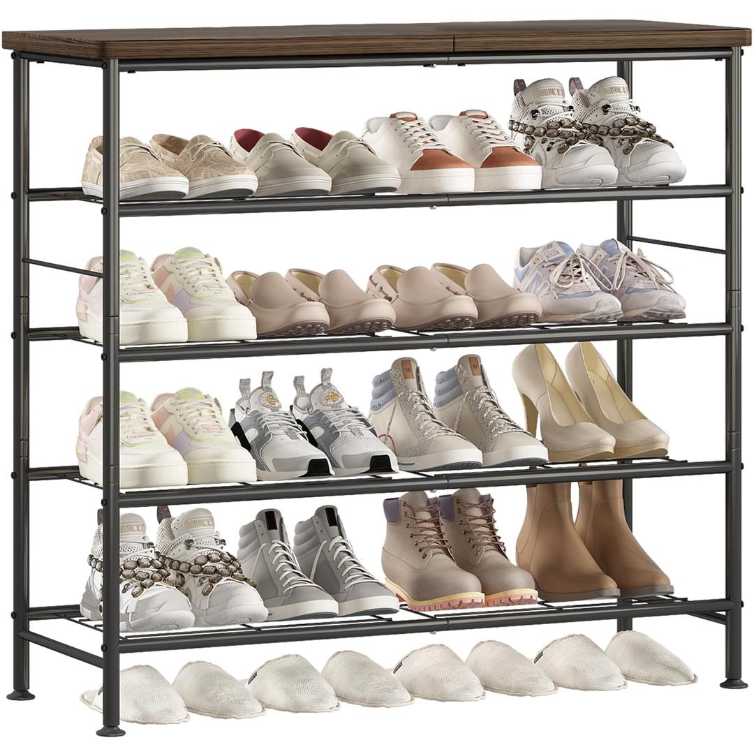SUOERNUO Shoe Rack Organizer 5 Tier for Closet Entryway Free Standing Metal Storage Shoe Shelf with MDF Top Board，Black/Rustic Brown