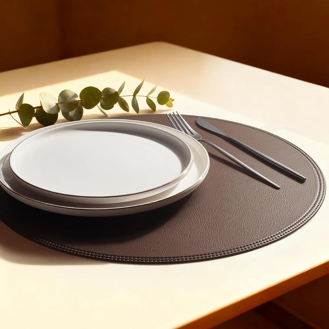 Round Vinyl Brown Placemats Set of 6, Faux Leather Waterproof Wipeable Heat Resistant Place Mats, Washable Table Mats for Halloween, Thanksgiving & Christmas Dinner(Dark Brown)