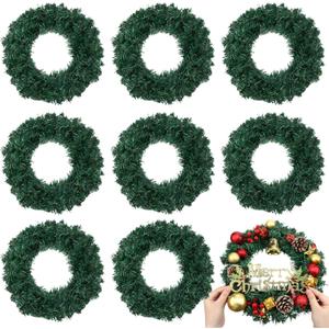 Zeyune Christmas DIY Green Wreath 14 Inch Artificial Christmas Wreaths Faux Plain Wreaths for Decorating Front Door Window Room Farmhouse Xmas Party Indoor Outdoor(Classic, 8 Pcs)