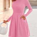 Zenlonr Women's Fall Dresses 2025 Casual Long Sleeve Ribbed Knit Crewneck Short Dress Flowy A-Line Party Dresses (Pink, L)