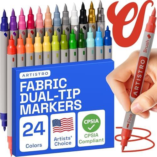 ARTISTRO 24 Dual Tip Fabric Markers - Acrylic Drawing Markers for All Ages & Levels - Fabric Paint Pens for Personalizing Clothes, T Shirts, Bags, Canvas, Textiles (Brush + Fine)