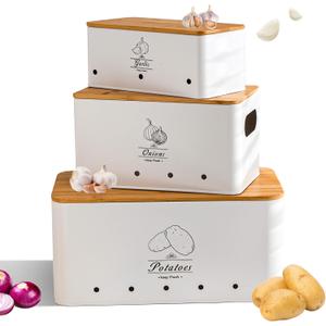 Metal Potato Onion and Garlic Storage Tin Set of 3, White Kitchen Vegetable Canisters with Bamboo Lid and Aerating Holes, Stackable Kitchen Keeper Storage for Countertop Pantry