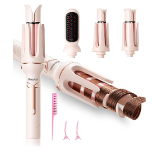 Auto Hair Curler, 3-in-1 Automatic Curling Iron & Brush Set, 1" & 1.25" Interchangeable Rotating Barrels, Anti-Scald & Anti-Tangle Wand for Hair Styling, Auto Shut-Off, Dual Voltage, Pink