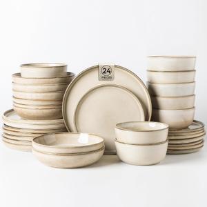 GBHOME 24 Pieces Double Bowls Ceramic Dinnerware Sets for 6, Stoneware Plates and Bowls Set with Reactive Glaze, Scratch Resistant Stoneware Dishes Set, Dishwasher & Microwave Safe