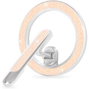 Magnetic Phone Ring Holder with Adjustable Kickstand, Compatible with iPhone 15/14/13/12, Brooch Design with Glitter Surface, Includes Adapter Ring (Metallic Silver & Sparkling Beige)
