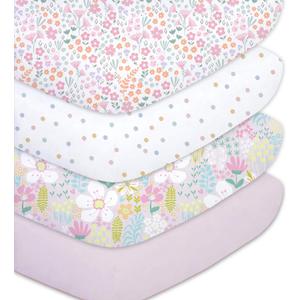 Little Grape Land Crib Sheets Baby Toddler Sheets 4 Pack Fitted for Boys Girls, Standard Size 28x52 Crib Mattress, Super Soft Breathable Washable Microfiber (Floral/Blossom/Dots/Blush Pink)