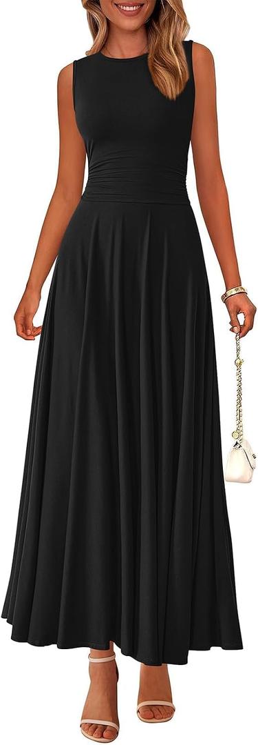 PRETTYGARDEN Womens Summer Dresses 2026 Casual Sleeveless Crewneck Aline Maxi Dress Stretch Tank Flowy Long Dresses (Black, M)