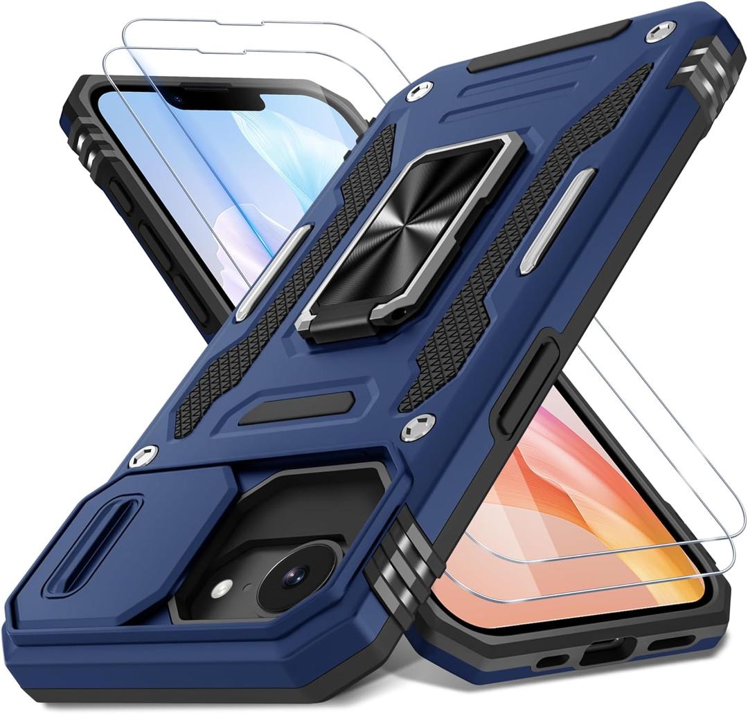DEERLAMN Case for iPhone 17e/iPhone 16e 6.1-Inch with Slide Camera Cover+Screen Protector (2 Packs), Rotated Ring Kickstand Military Grade Shockproof Protective Cover-Navy Blue
