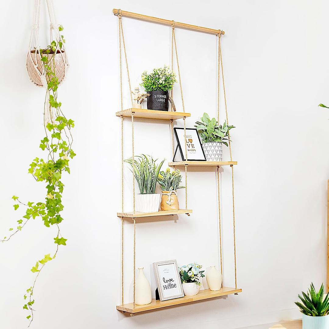 jontell Plant Wall Shelf Macrame Wall Hanging Shelf- Macrame Shelves Handmade Decorative Boho Floating Wall Shelves- Rope Shelf to Organize and Decor for Living Room, Bedroom, Bathroom, Large