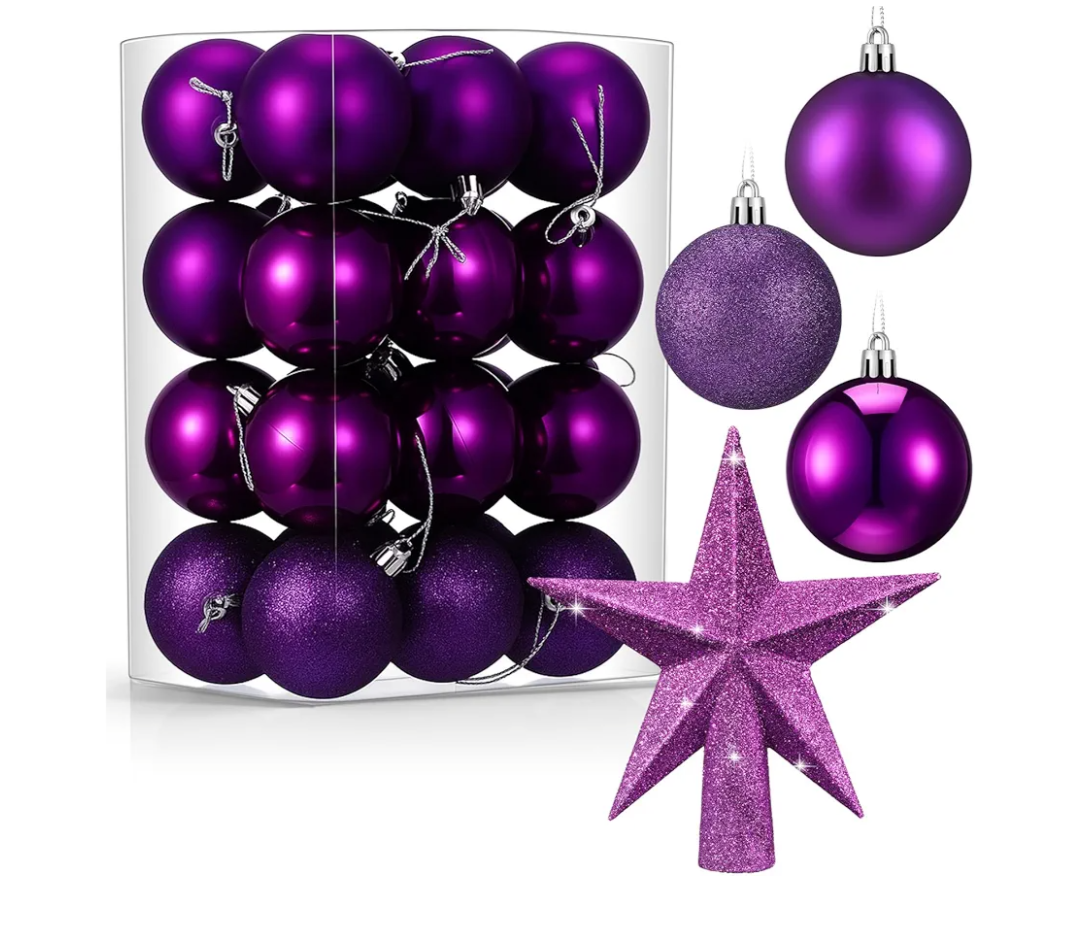 25 Pcs Mini Christmas Balls Ornaments Set 2.36 Inch Christmas Day Ball Topper Star Tree Hanging Ornaments for Party Decoration(Purple)