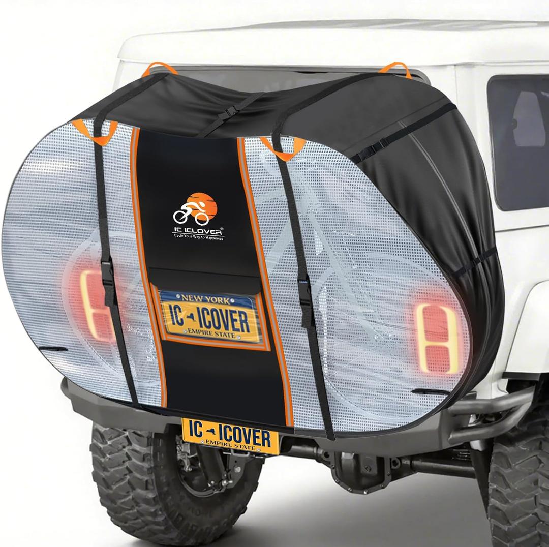 IC ICLOVER Bike Cover for Transport on Rack, Bicycle Covers for 2 Bikes on Rear Bike Rack with Safety Visible Tail Lights Window, 600D Waterproof Outdoor Storage Bike Cover on Hitch Travel for RV SUV