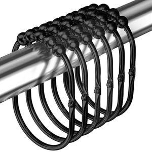 MENGJINGO 12PCS Wide Shower Curtain Hooks, Rust Proof Stainless Steel Shower Curtain Rings, Heavy Duty Shower Hooks for Shower Curtain Bathroom Curtain Hooks, Easy Glide Rollers, Set of 12, Black