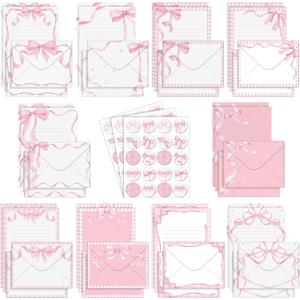 TaoBary 160 Pcs Pink Bow Stationery Paper Set for Girls with Stationery Letter and Envelopes 50 Double Sided Papers with 50 Matching Envelopes and 60 Round Dot Sticker 10 Design (5.5 x 8.25 Inch)