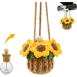Crochet Car Air Freshener, 15ml Empty Refillable Oil Diffuser Bottle with Hanging Crochet Sunflower for Car Rearview Mirror Decor Air Freshener Diffuser for Home, and Office Decor(Sunflower)