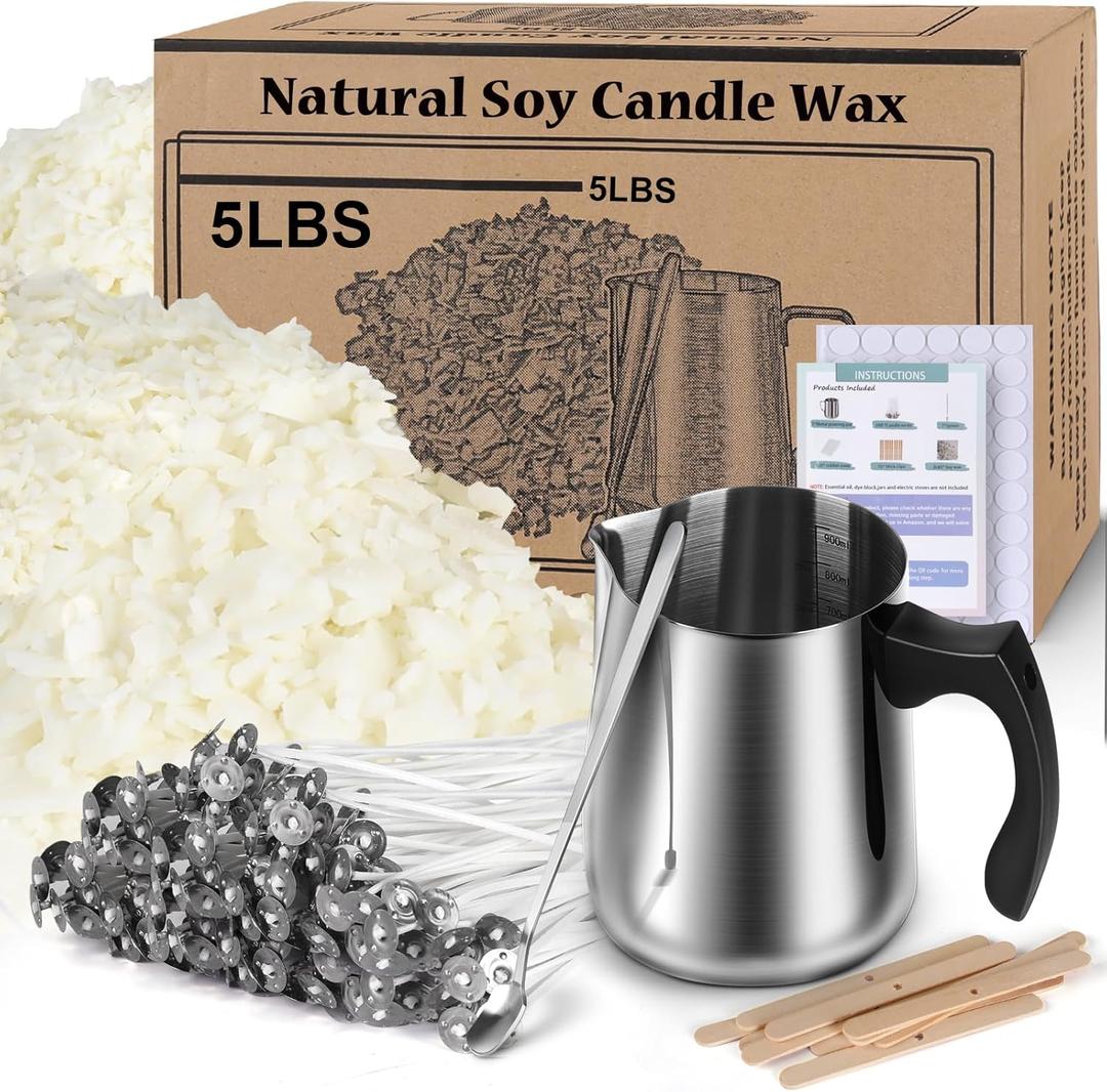 Soy Wax Candle Making Kit Supplies, Natural Candle Wax For Candle Making, DIY Art&Crafts Kit for Adults,Beginner, Including 5lbs Soy Wax Flakes, 100 Candle Wick, 10 Centering Devices, Melting Pot