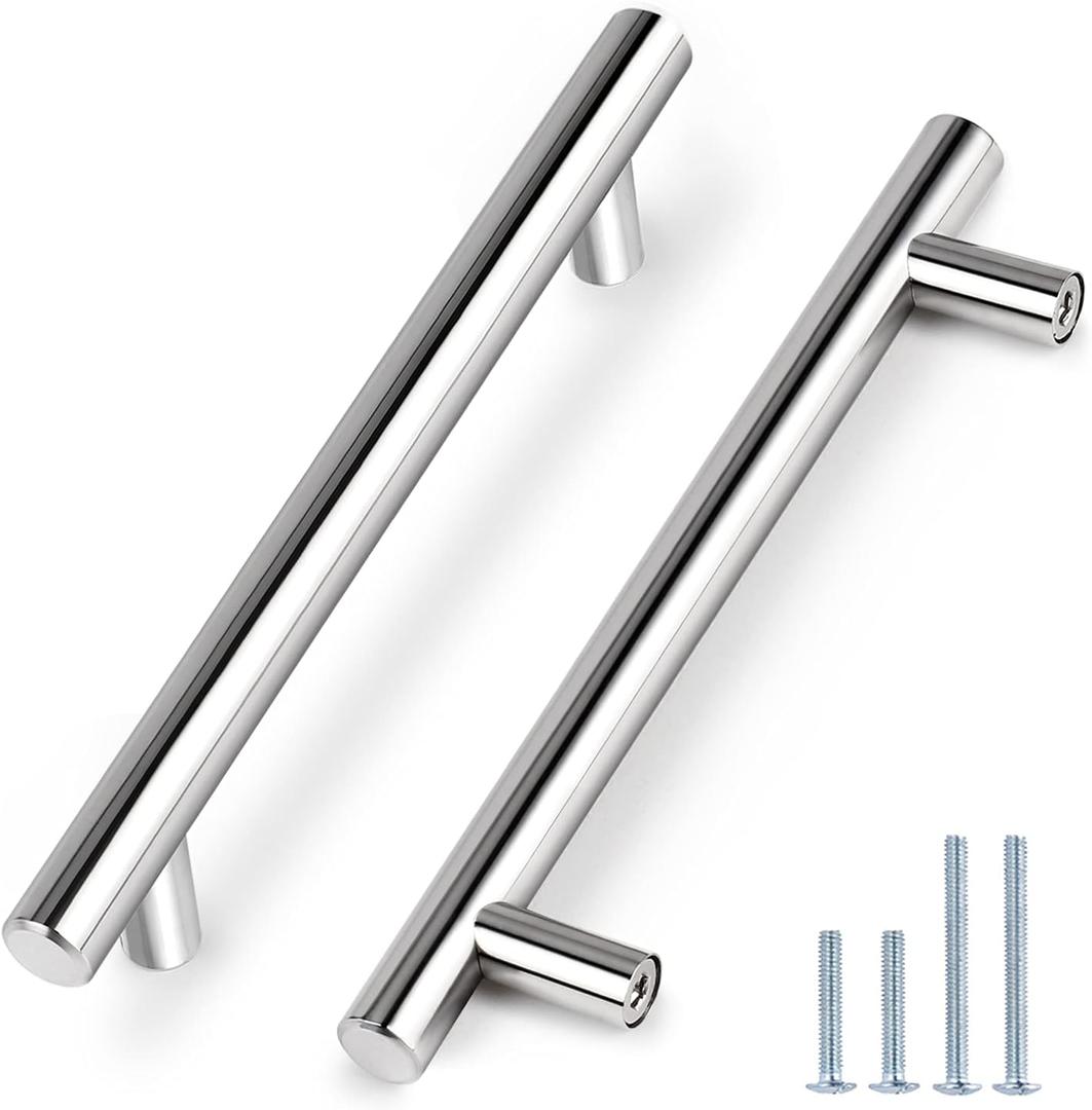 Probrico 10 Pack|Polished Chrome Cabinet Pulls Modern Stainless Steel Cupboard Pulls, Kitchen Cabinet Handles Bathroom Drawer Pulls, T Bar Style - 6-1/3 inch Hole Centers