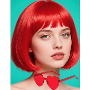 Red Bob Wig with Heart Sunglasses - Heat-Resistant, Synthetic Fiber, Adjustable and Natural Looking