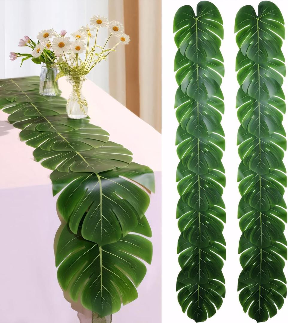 Artificial Palm Leaves Table Runners 72 Inch, Tropical Palm Leaves Table Runner Faux Leaf Table Cloth for Wedding Hawaiian Luau Theme Party Supply Summer Table Wall Decorations (2)