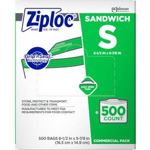 SC Johnson Professional Ziploc Brand Sandwich Bags, Food Storage Ziploc Brand Bags, Easy Open Tabs, Commercial Pack, 500 Count Box, for Professional Use Only