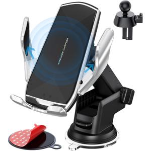 Car Phone Mount,Auto-Clamping Smart Sensor 10W Qi Fast Charging Car Front Windshield Dashboard Air Vent Phone Holder Compatible with iPhone12/12 pro max/Samsung S20/note 20 All 4.7-6.7 Inch Smartphone (silver)
