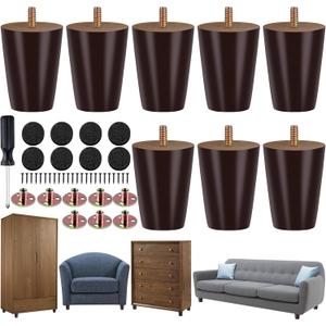 TURSTIN 8 Pieces Furniture Legs 3 Inches Round Solid Wood Furniture Feet with M8 T-Nuts Couch Legs Sofa Leg Replacement Leg for Armchair, Cabinet, Chair, Dresser or Home DIY Projects, Brown