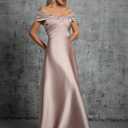 Women's Off The Shoulder Satin Maxi Dress, Elegant Twist Front Ruched Formal Evening Gown for Party (Beige, XL)