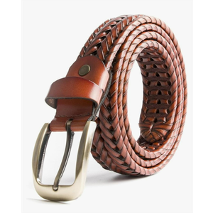 Men Braided Woven Genuine Leather Belt Brown