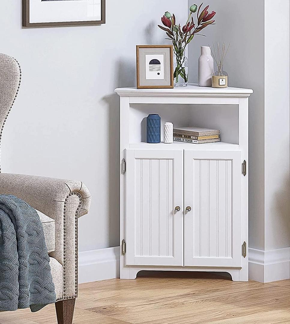 UTEX Bathroom Corner Storage Cabinet, Small Floor Corner Cabinet with Doors and Adjustable Shelves, Freestanding Narrow Storage Organizer for Bathroom, Kitchen, Living Room, White | Floor Corner Cabinet, Doors, Adjustable Shelves, Freestanding, Narrow Cabinet, Organizer, 32.68'' Tall