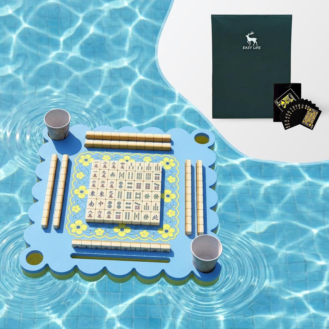 Floating Mahjong Table for Pool, Double Side Float Board with Playing Cards for Mahjong Poker Scrabble Dominoes Card Games Pool Mahjong Floating Tray Adult for Hot Tub Lake Summer Beach