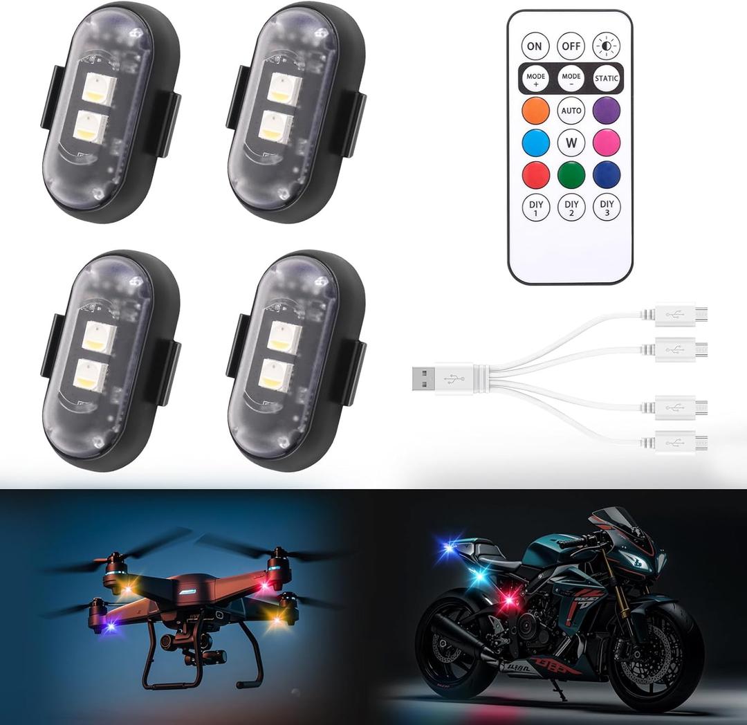 4PCS Wireless LED Strobe Lights with Remote Control,8 Colors Waterproof Anti-Collision USB Charing Led Warning Light, High Brightness Wireless LED Lights for Car Drone Truck Motorcycle Aircraft Bike
