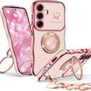 for Samsung Galaxy S25 Plus Case with Stand, Double Ring Kickstand Case, Women Girls Cute Curly Wavy Frame Love Heart Glitter Bling Luxury Phone Case for Galaxy S25 Plus Cover, Pink