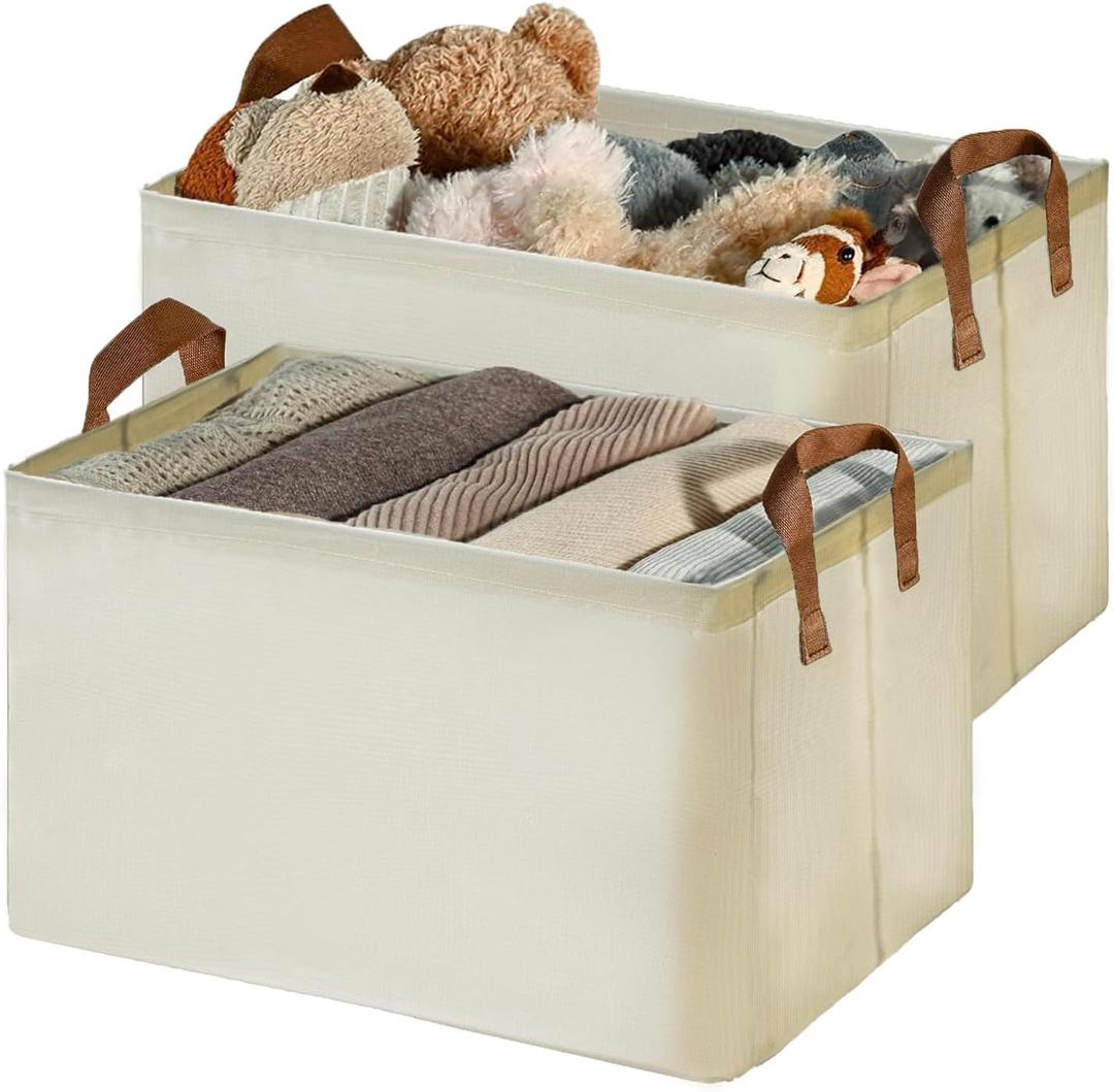 Collapsible Fabric Storage Box with Metal Frame, Wardrobe Storage Baskets, Clothing Organizer Box, Oversized Shelf Basket, Ivory Color Box Set of 2 (Ivory - Large)
