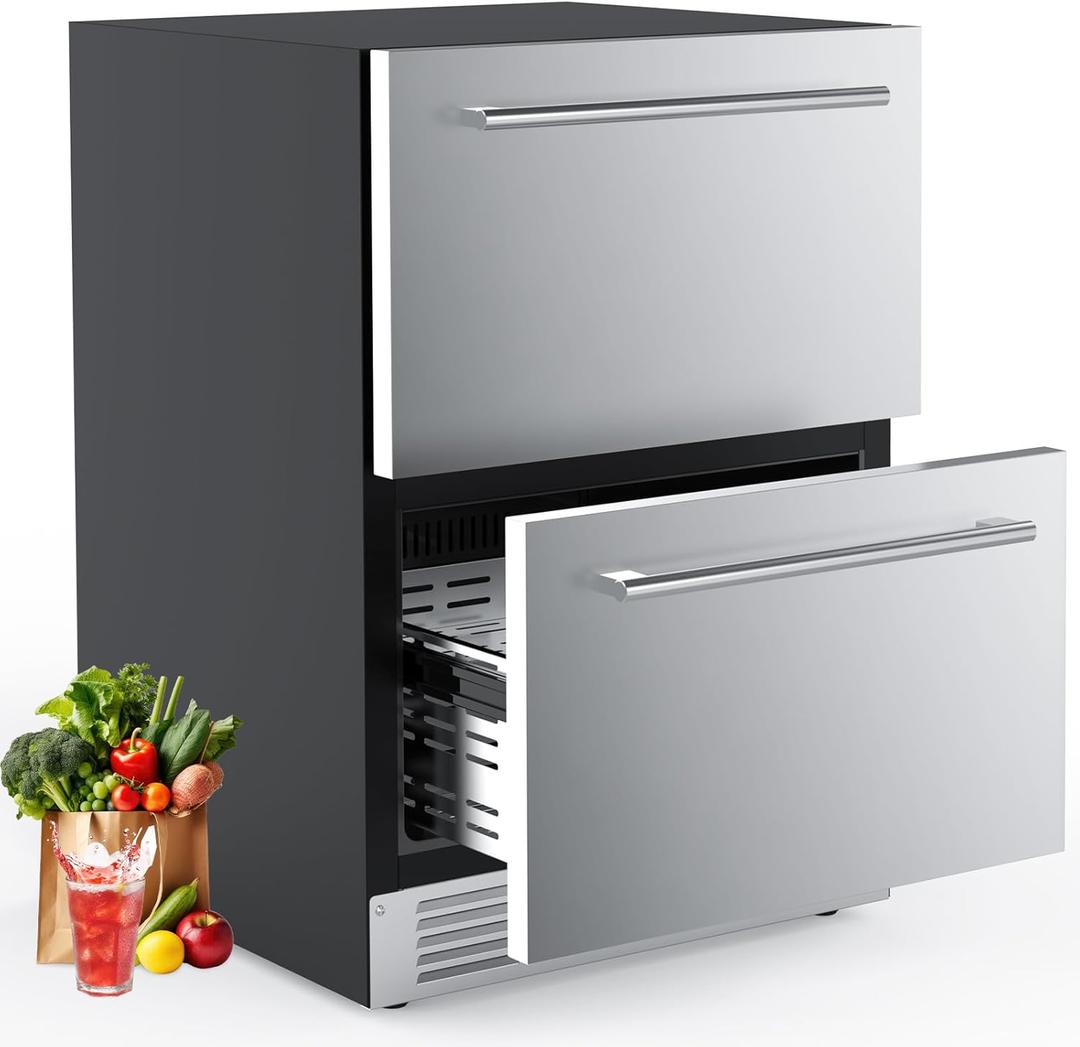COWSAR Under Counter Double Drawer Refrigerator, 24 Inch Weather Proof Outdoor Beverage Fridge, Built-in Stainless Steel Beverage Cooler, 145 Cans for Kitchen & Commercial, Silver (5.0 Cu.ft)