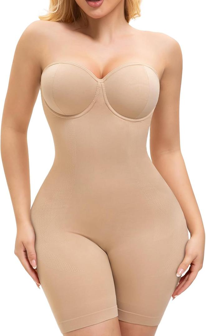 Slimers Strapless Shapewear Bodysuit For Woman: Seamless Body Shaper Built In Bar - Tummy Control Butt Lifter Shapewear (Medium, Nude)