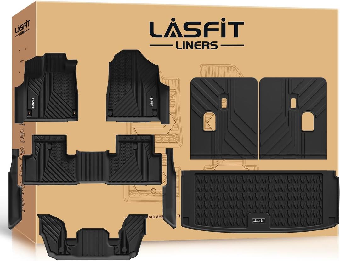 LASFIT Floor Mats & Trunk Mat & Backrest Mats for Acura Mdx 2022-2026 Cargo Mat All Weather TPE Mats Custom Fit Floor Liner for Mdx 1st & 2nd & 3rd Row Car Mats & Cargo Liner, Black, Easy to Clean