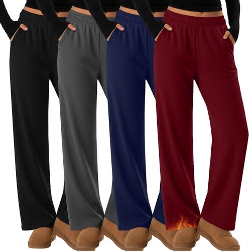 Velvelhall 4 Pack Womens Fleece Lined Sweatpants Thermal Straight Leg Baggy Pants Wide Leg Warm Lounge Joggers with Pockets(Black, Dark Gray, Navy Blue, Wine Red,Large)Size Large
