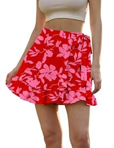 Women's Floral Ruffle Hem Wrap Shorts Casual Summer Elastic Waist Tie Front Zip Up Boho Skirts Skorts 2025 Red  (Medium, Red)