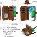 Asuwish Phone Case for Samsung Galaxy S21 FE 5G Zipper Wallet Cell Cover with Tempered Glass Screen Protector Crossbody Strap Flip Credit Card Holder S 21 EF S21FE5G UW S21FE 21S G5 6.4 inch Men Brown