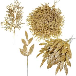 Winlyn 30 Pcs Christmas Artificial Leaf Sprays Cedar Picks Gold Glittered Christmas Tree Ornaments Floral Stems for Gold Christmas Tree Wreaths Swag Centerpieces Holiday Seasonal Wedding Decorations