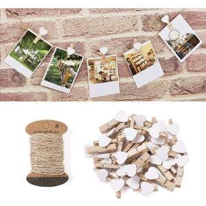 Pandahall 100pcs White Heart Clothespins Wooden Photo Paper Peg Pin Craft Clips with 10.9 Yards Natural Jute Twine for Paper Photo Display Hanging Home Party Wedding Decoration