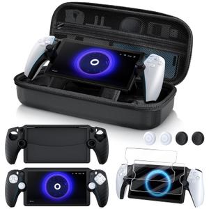 KINWIN 10 in 1 Accessories Bundle Compatible with PlayStation Portal, EVA Carrying Case for PS Portal with Silicone Protective Cover, 2 Pack Screen Protectors and 4 Thumb Grips for PS5 Portal Console (Black)