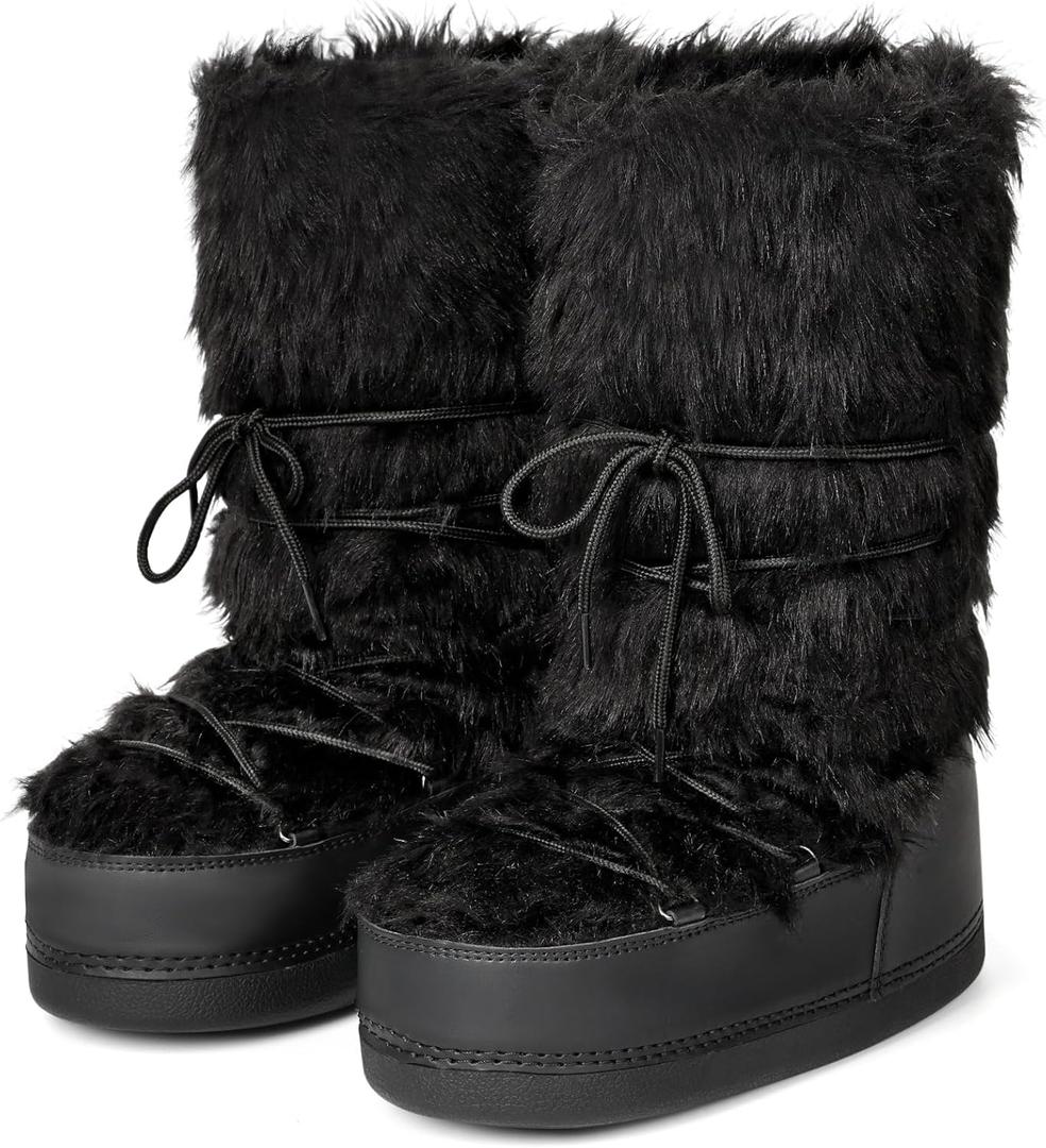 IXU Women's Fuzzy Snow Boots Winter Mid Calf Faux Fur Boots Lace-up Warm Winter Boot (5, Black)