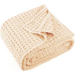 Carriediosa 100% Cotton Waffle Weave Blanket 400GSM Breathable Thermal Blankets for Bed Couch Sofa Soft and Cozy Throws for All Season Home Decor, 50"X 60" Light Yellow