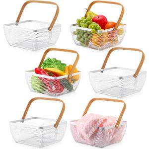 6 Pcs Metal Mesh Steel Basket with Handle Small Shopping Baskets Square Wire Harvest Storage for Kitchen Storage Garden Picnic Bathroom Organizing, 8.46 x 8.46 x 4.13 Inch(White)