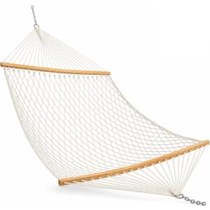 Double Rope Hammock with Hardwood Spreader Bars – Cotton Rope Outdoor Hammock for Patio Backyard Camping Trees – 2 Person Heavy Duty 400 lb Capacity with Carry Bag
